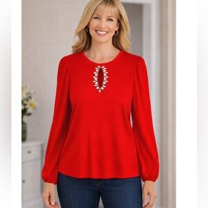 ADRIANNA PAPELL Red Keyhole Rhinestone Neck Sheer Sleeve Crewneck Sweater NWT